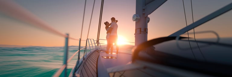 Romantic couple toasting champagne aboard a luxury yacht at sunset