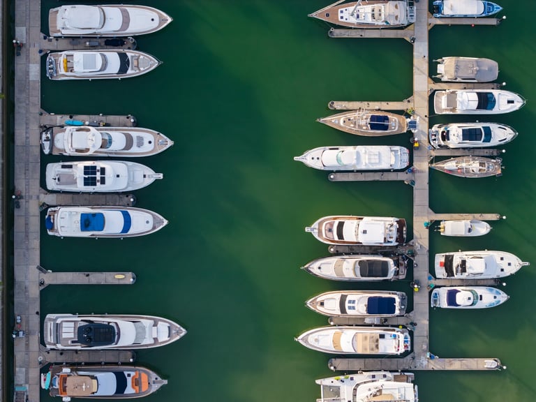 Luxury yachts in exclusive marina at sunset
