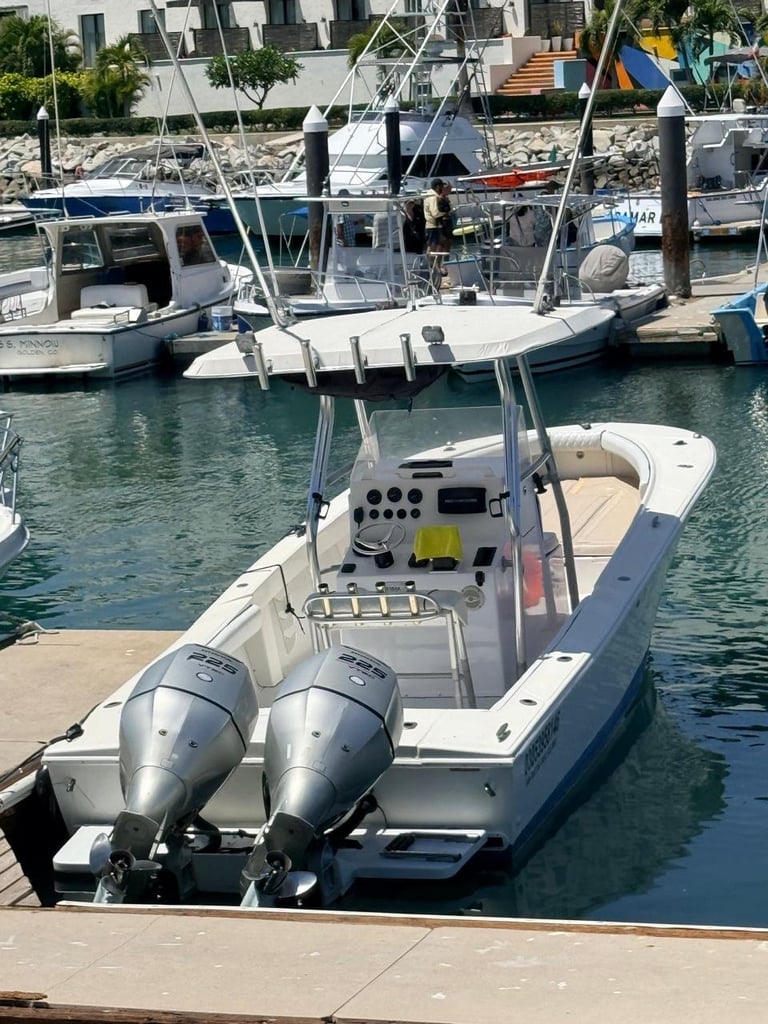 White fishing boat with twin outboard motors docked at a marina with other boats and city skyline in background